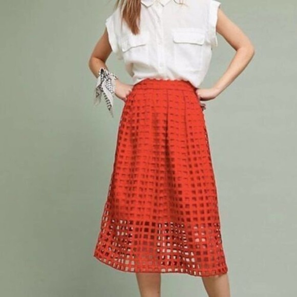 Hutch Anthropologie Soraya Red Windowpane Lace Cutout Hi Lo Midi Skirt Size 0 - Picture 2 of 9